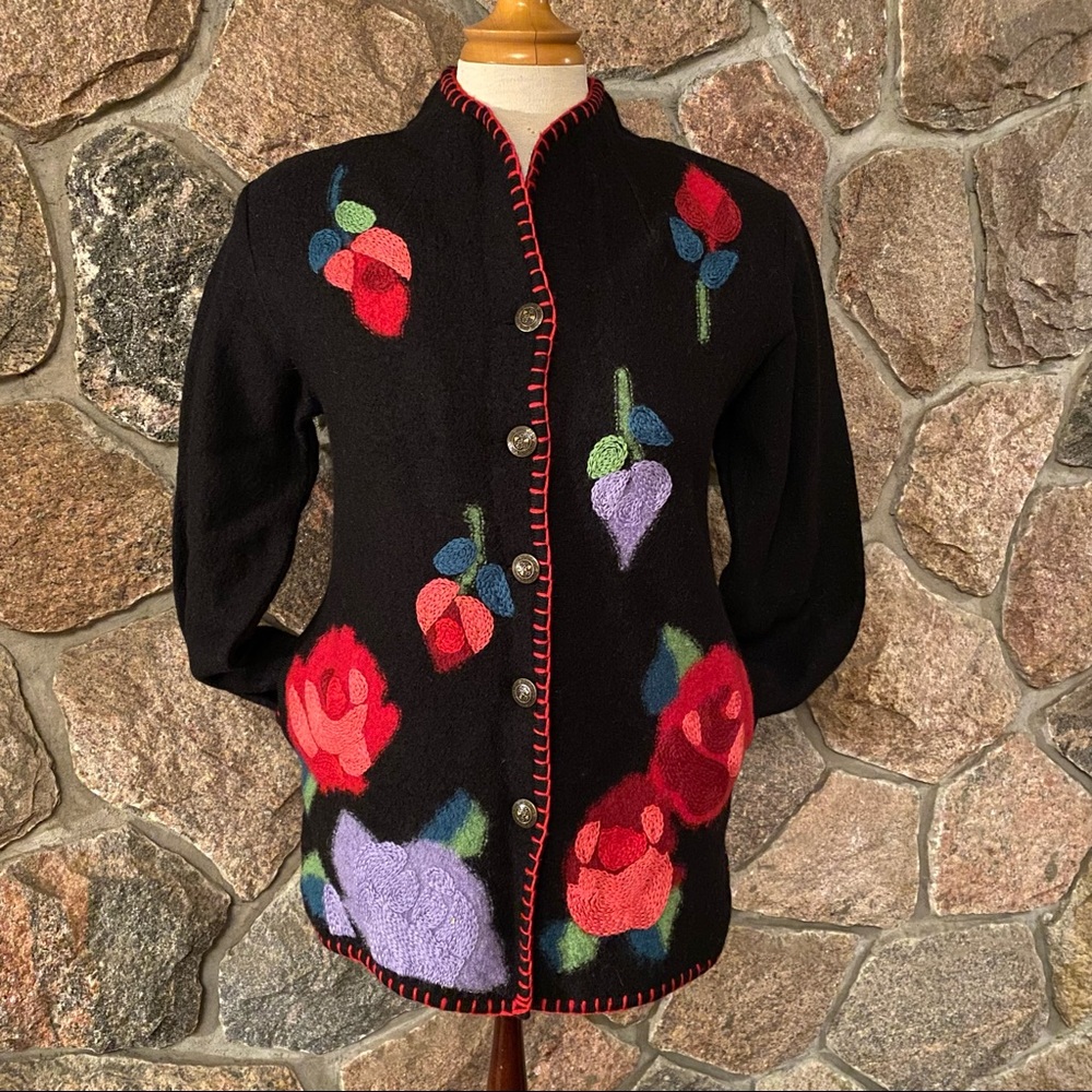 Chic Black Cardigan with Colorful Floral Accents